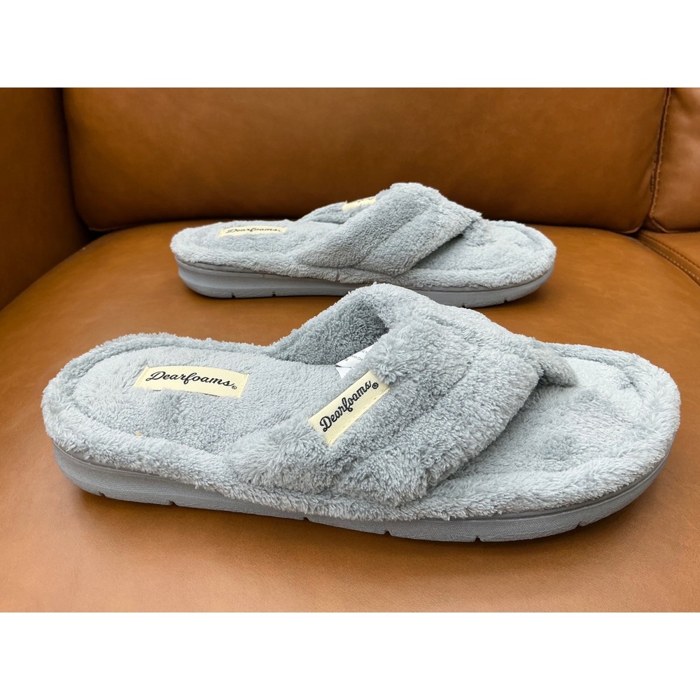 Dearfoams Thong Slippers Womens Size Medium 7-8 Grey Memory Foam Teddy